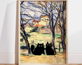 Zwarte kat poster, Paul Cezanne bomen en huizen kat print, zwarte kat kunst, grappige kat print, grappig cadeau, twee katten Home decor poster PS0205