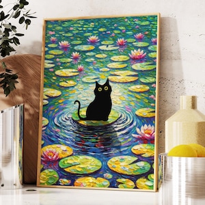 Black Cat Poster, Monet Waterlily Cat Print, Claude Monet Cat Poster, Cat Art, Funny Cat print, Funny gift Idea, Home decor Poster PS0524