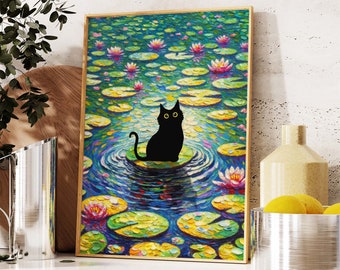 Black Cat Poster, Monet Waterlily Cat Print, Claude Monet Cat Poster, Cat Art, Funny Cat print, Funny gift Idea, Home decor Poster PS0524