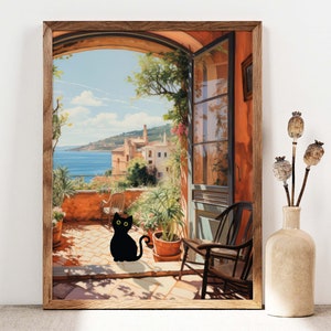 Black Cat Print, Open Window Cat Poster, Cat Art, Floral Print, Funny Cat print, Funny gift, Home decor Poster, Black Kitten Gift Idea C003