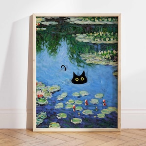 Black Cat Poster, Monet Waterlily Cat Print, Claude Monet Cat Poster, Cat Art, Funny Cat print, Funny gift Idea, Home decor Poster PS0470