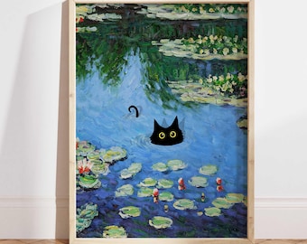 Black Cat Poster, Monet Waterlily Cat Print, Claude Monet Cat Poster, Cat Art, Funny Cat print, Funny gift Idea, Home decor Poster PS0470