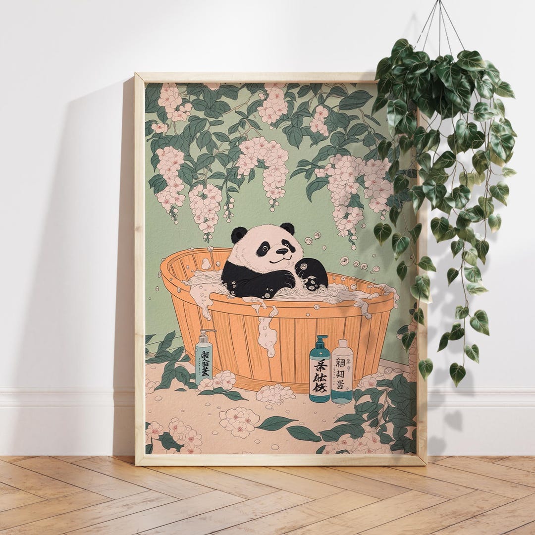 Panda in a Bath Japanese Style Bathroom Print, Vintage Japan Poster ...