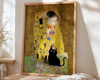 黒猫プリント、グスタフ・クリムト「接吻」猫ポスター、猫アート