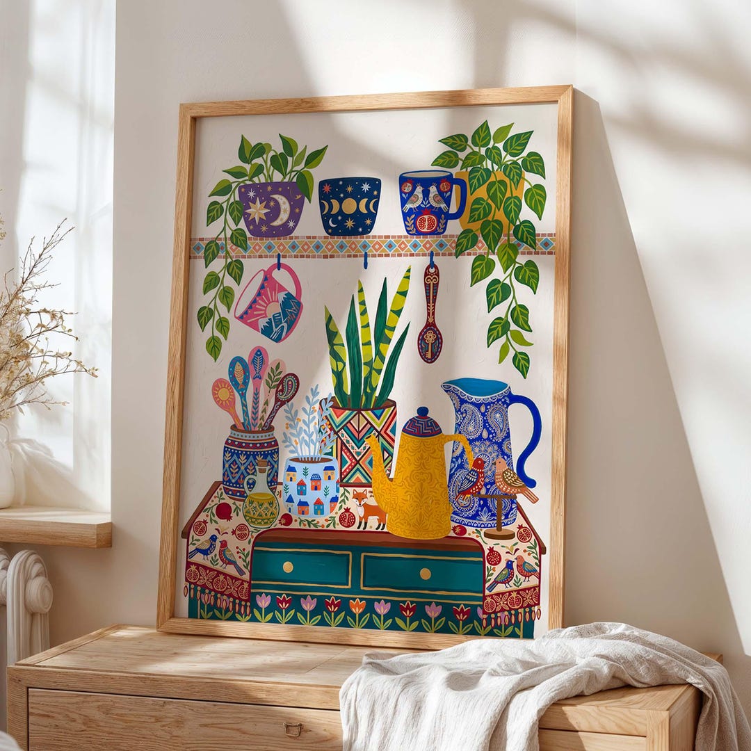 boho kitchen wall decor, kitchen gallery wall art set... Boho Kitchen Wall Art Print, Folk Art Shelf Poster, Colorful Houseplant ...