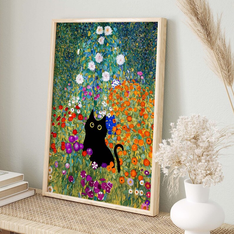 Gustav Klimt Garden Cat Print, Klimt Flowers Cat Poster, Black Cat Art, Floral Print, Funny Cat print, Funny gift, Home decor Poster PS0501 image 4