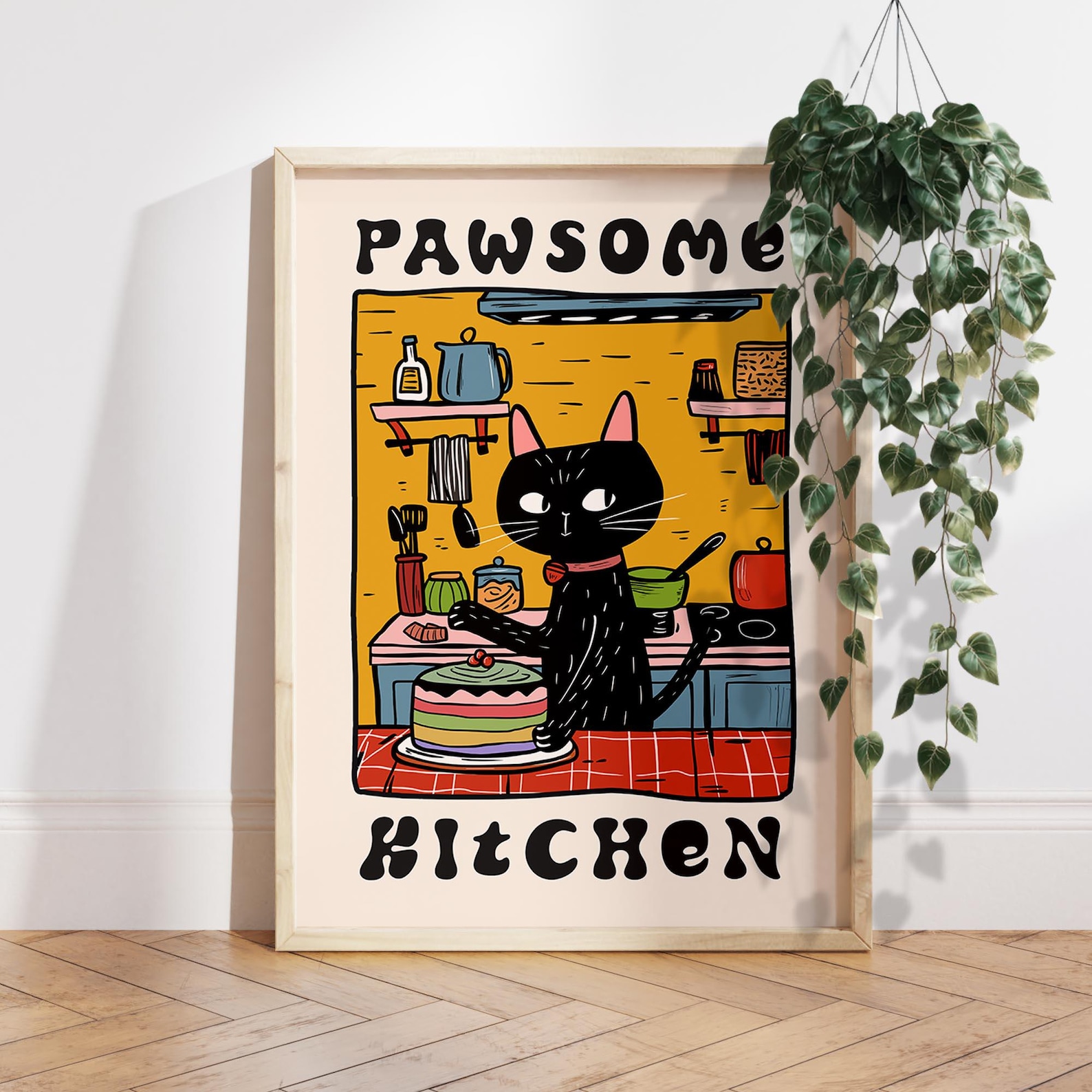 black cat chef art print: boho kitchen cooking poster... Cat Wall Art, Kitchen Wall Art, Black Cat Chef Art, Cat Print, Retro ...