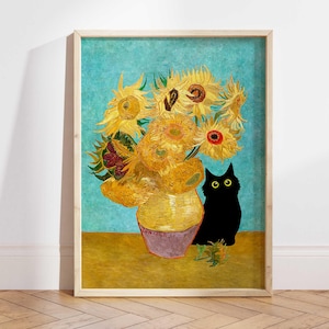 Vincent Van Gogh&#39;s Sunflowers Cat Print, Van Gogh Cat Poster, Black Cat Art Print, Funny Cat print, Funny gift, Home Decor Wall Art PS0513