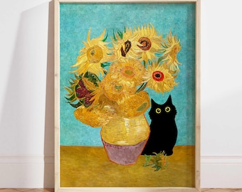Vincent Van Gogh's Sunflowers Cat Print, Van Gogh Cat Poster, Black Cat Art Print, Funny Cat print, Funny gift, Home Decor Wall Art PS0513