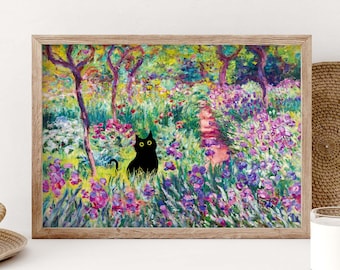 May include: A framed art print depicts a black cat in a colorful garden scene. The artwork features a path winding through vibrant purple and pink flowers, with trees and lush greenery. The cat has yellow eyes.
