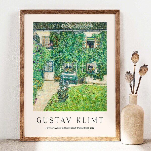 Affiche de la maison de Gustav Klimt Forester, cottage de jardin, fleurs de Klimt, décoration murale florale, art mural printanier, idée cadeau, tableau de Klimt GK029