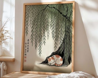 Cat Under Willow Tree Wall Art, Japanese Style Print, Green Nature Poster