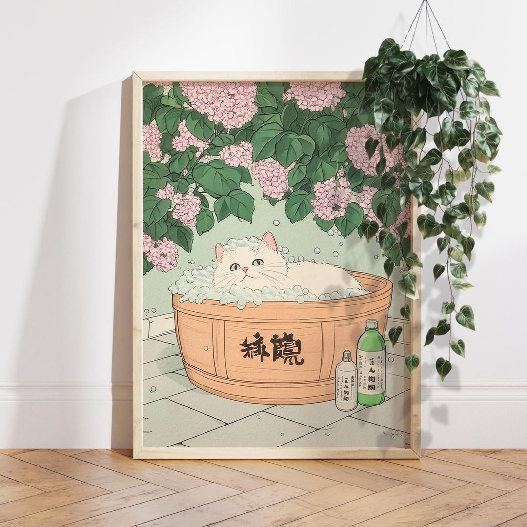 White Cat in Bathtub Japanese Bathroom Decor, Japan Art Print ...