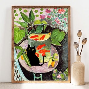 Impresión de gato negro, cartel de gato Matisse Goldfish, estampado floral de arte de gato negro de pecera, impresión de gato divertido, regalo divertido idea decoración del hogar cartel PS0431