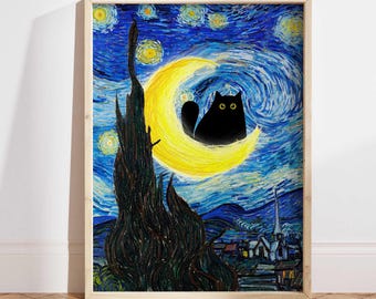 Vincent Van Gogh's The Starry Night Cat Print, Van Gogh Cat Poster, Black Cat Art, Funny Cat print, Funny gift, Home decor Poster PS0183