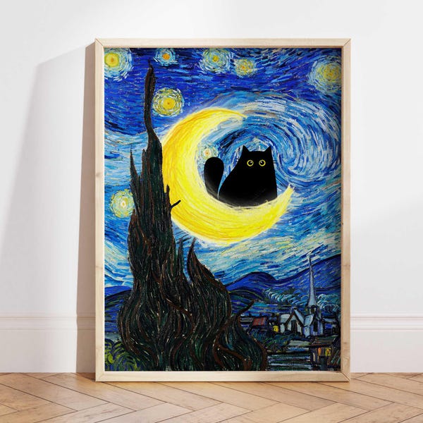 Lámina de gato de La noche estrellada de Vincent Van Gogh, póster de gato de Van Gogh, arte de gato negro, lámina de gato divertida, regalo divertido, póster de decoración para el hogar PS0183