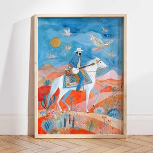 Cowboy Banjo Art Print, White Horse Western Wall Art, Southwestern Desert Landscape Poster, Boho Ranch Decor, Western Gift Idea
