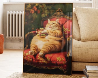 Funny Fat Orange Cat Poster with Burger, Whimsical Feline Art, Humorous Cat Wall Decor for Home, Perfect Gift for Cat Lovers, Gift PS0591