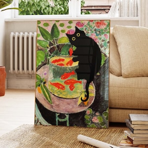 Matisse goudvis met kat poster, zwarte kat print, zwarte kat kunst, bloemenprint, grappige kat print, grappig cadeau-idee, poster Home decor, zwarte kat kunst, bloemenprint, poster