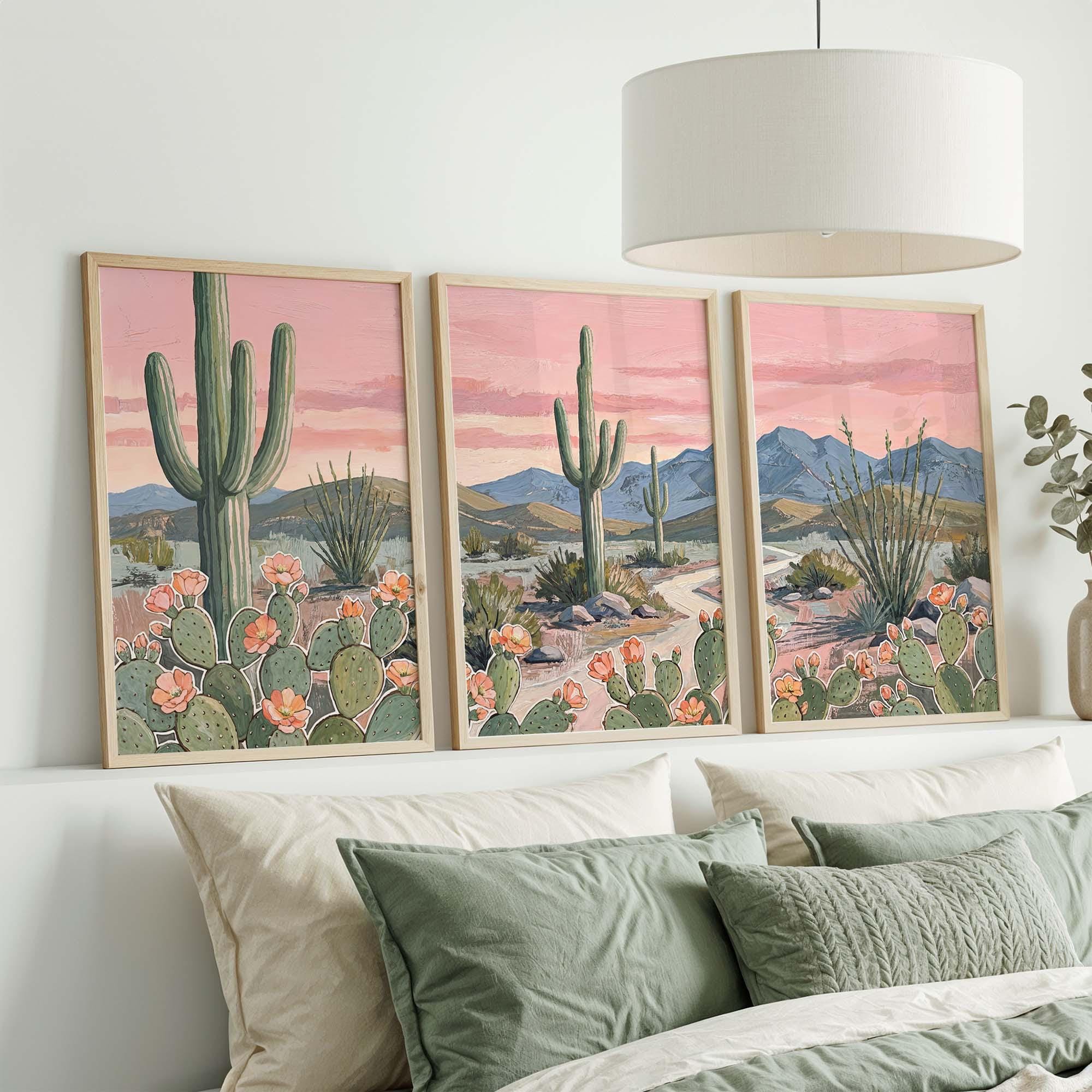 Western Desert Wall Art Set of 3, Pink Sunset Cactus Triptych Prints ...