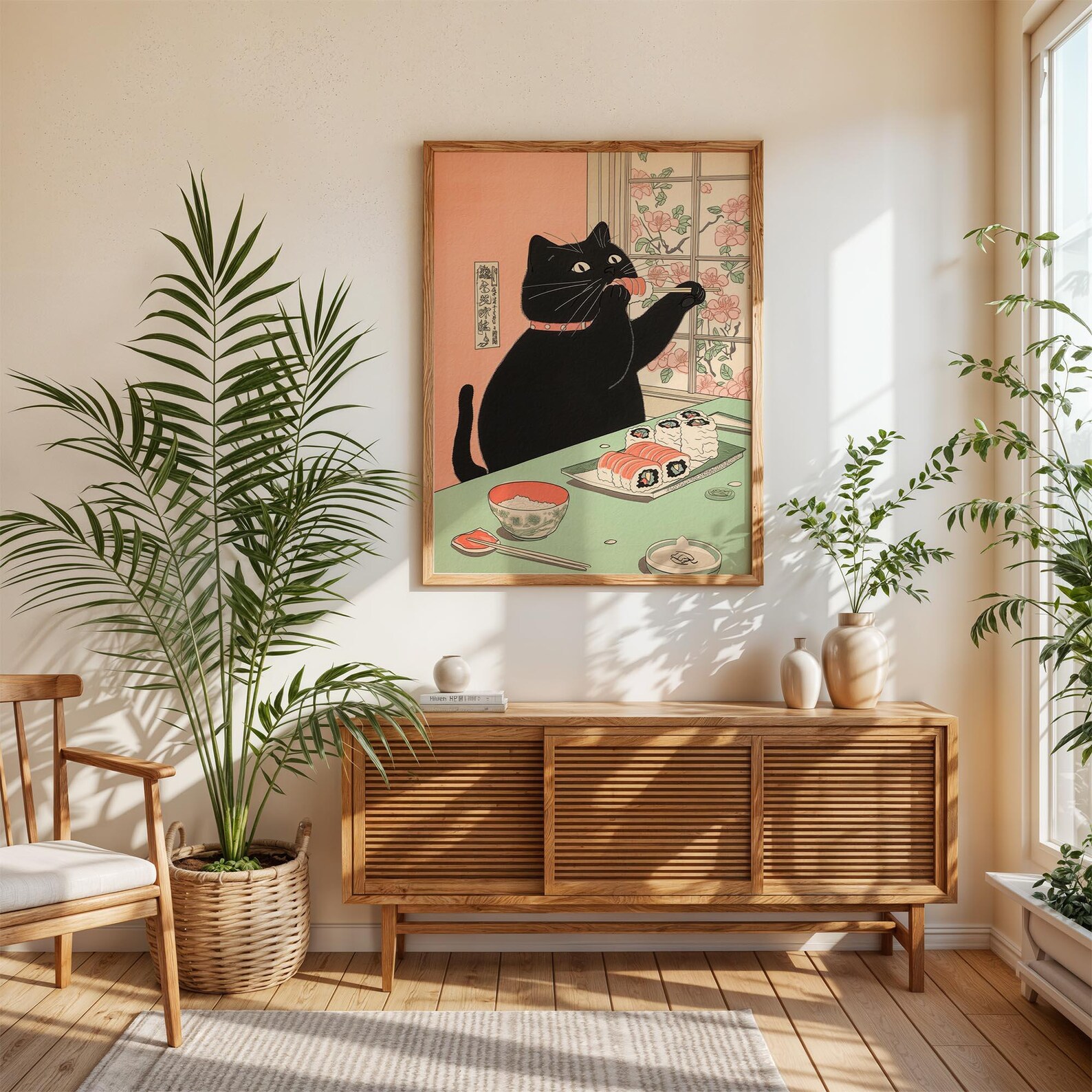 Japanese Black Cat Eating Sushi Art Print, Japan Wall Decor, Neutral ...