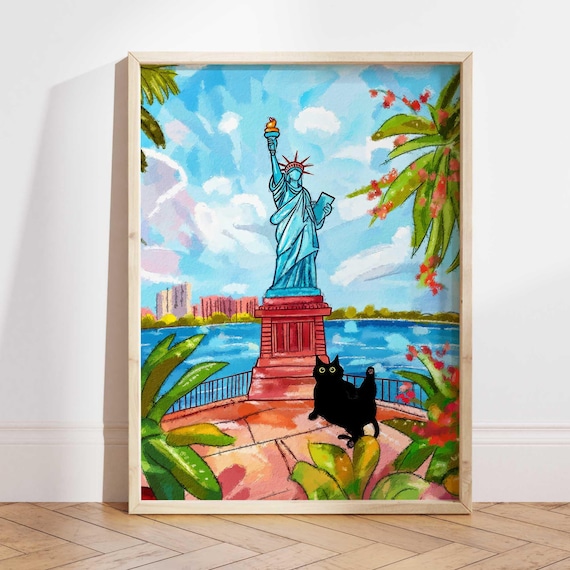 Statue of Liberty With Black Cat Print, New York Art Poster, Funny