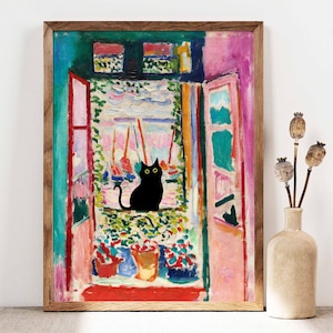 Impression de chat Henri Matisse, affiche de chat Matisse fenêtre ouverte, art de chat noir, impression florale, impression de chat drôle, cadeau drôle, affiche de décoration intérieure PS0052