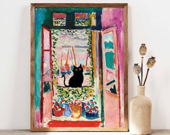 Henri Matisse Cat Print, Matisse Open Window Cat Poster, Black Cat Art, Floral Print, Funny Cat print, Funny gift, Home decor Poster PS0052