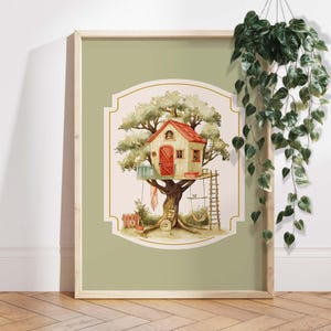 Vintage Treehouse Nursery Wall Art Print, Whimsical Tree House Illustration for Baby Room, Woodland Adventure Kids Room Decor VI013
