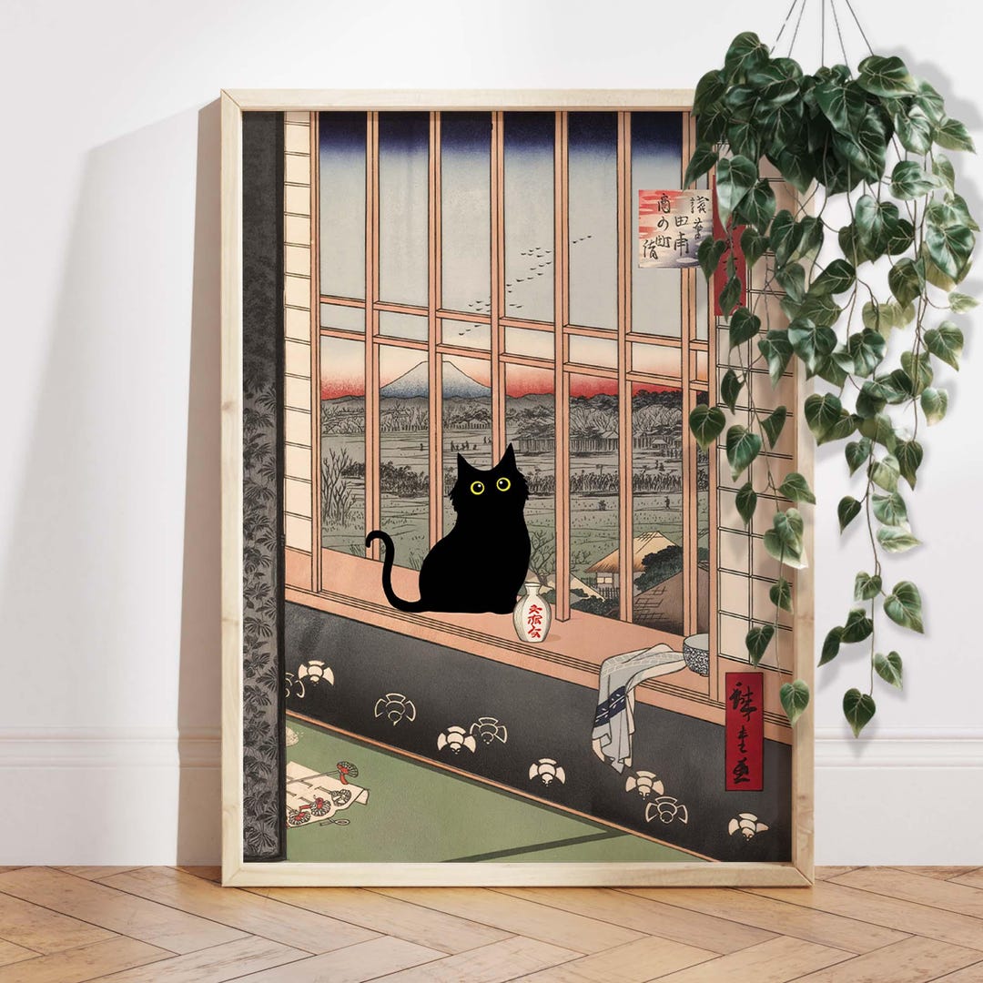 Japanese Cat Art Print, Black Cat Ukiyo-e Poster, Vintage Japanese Wall ...