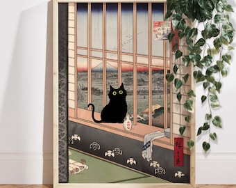Japanese Cat Art Print, Black Cat Ukiyo-e Poster, Vintage Japanese Wall Art, Mount Fuji View, Aesthetic Home Decor, Gift For Cat Mama PS0773