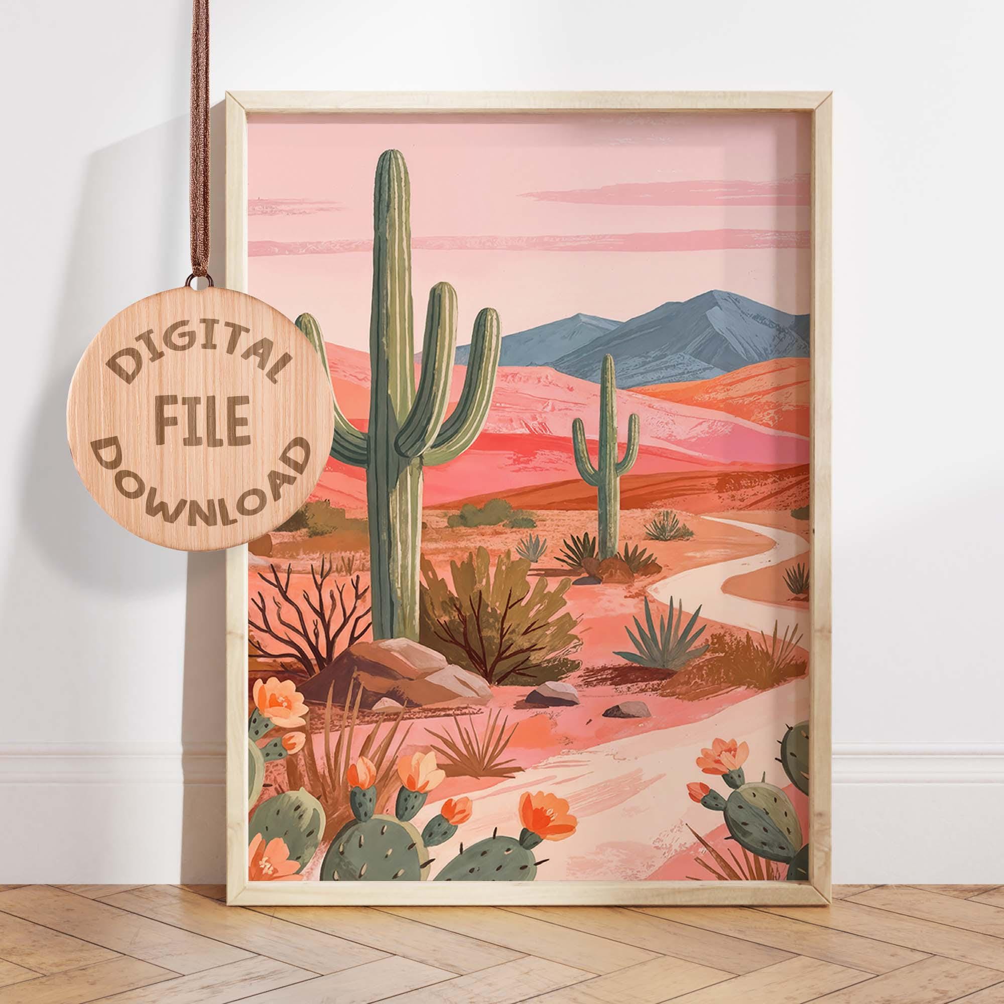 Pink Desert Landscape Cactus Wall Art Print, Saguaro & Prickly Pear ...