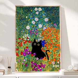 Gustav Klimt Garden Cat Print, Klimt Flowers Cat Poster, Black Cat Art, Floral Print, Funny Cat print, Funny gift, Home decor Poster PS0501 image 3