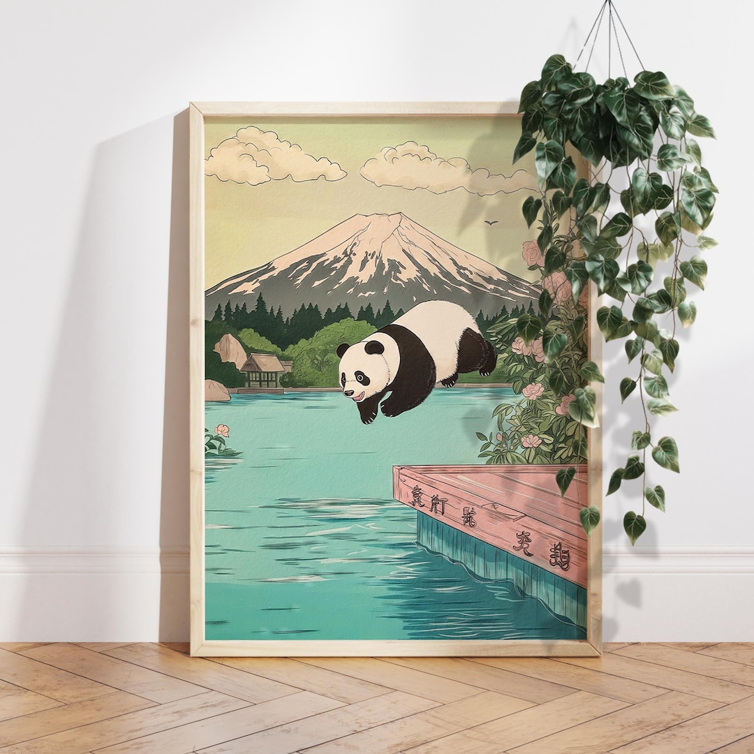 Panda Diving Print, Japanese Funny Panda Print, Mount Fuji Wall Art ...