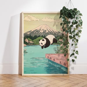 Panda Diving Print, Japanese Funny Panda Print, Mount Fuji Wall Art, Cute Animal Illustration, Asian Decor, Panda Lover Gift PS0675