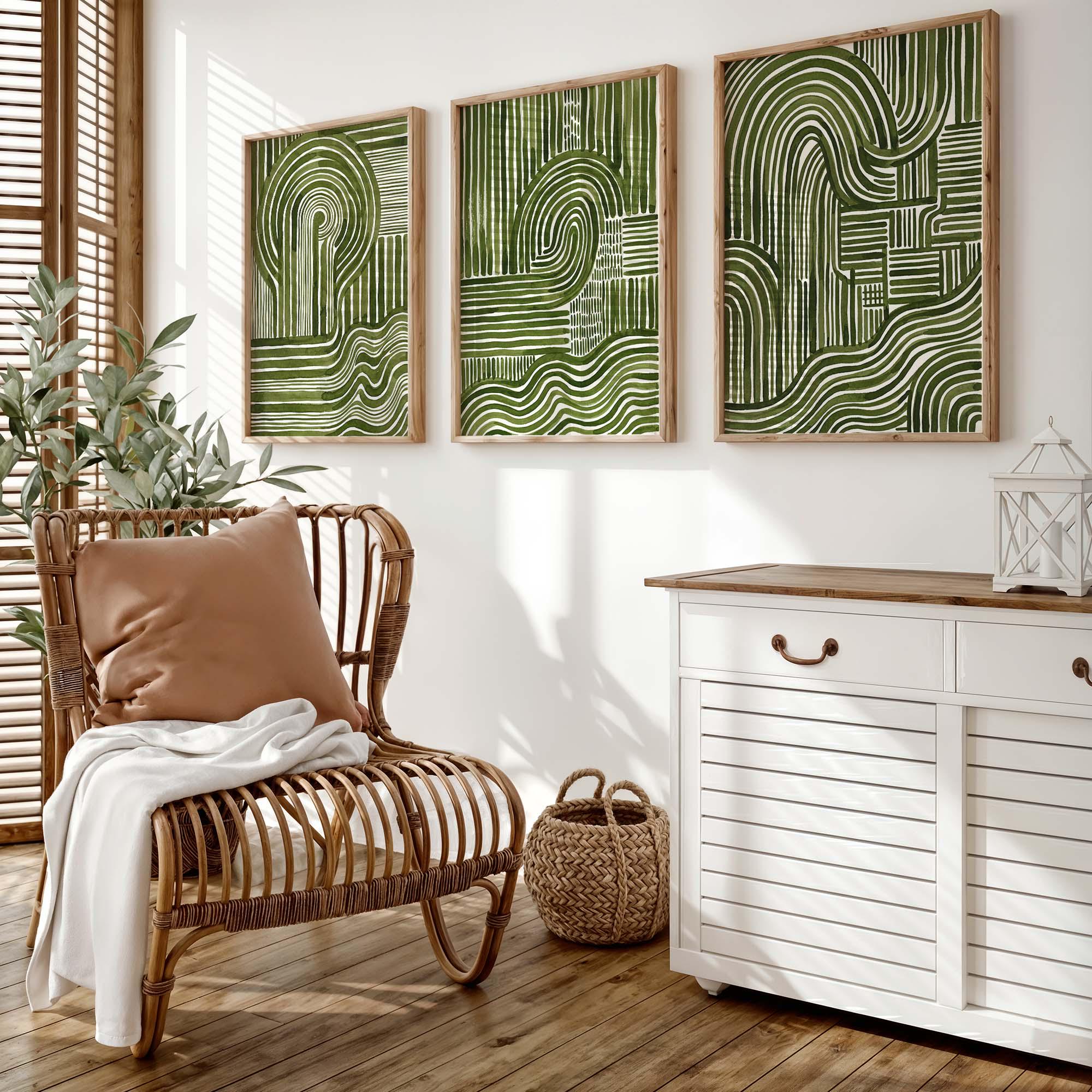 Abstract Green Wall Art Set of 3, Mid Century Modern Line Print Trio ...