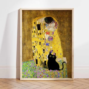 Black Cat Print, Gustav Klimt The Kiss Cat Poster, Cat Art, Klimt Cat Print, Funny Cat print, Funny gift Idea, Home decor Poster PS0473