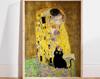 Black Cat Print, Gustav Klimt the Kiss Cat Poster, Cat Art, Klimt