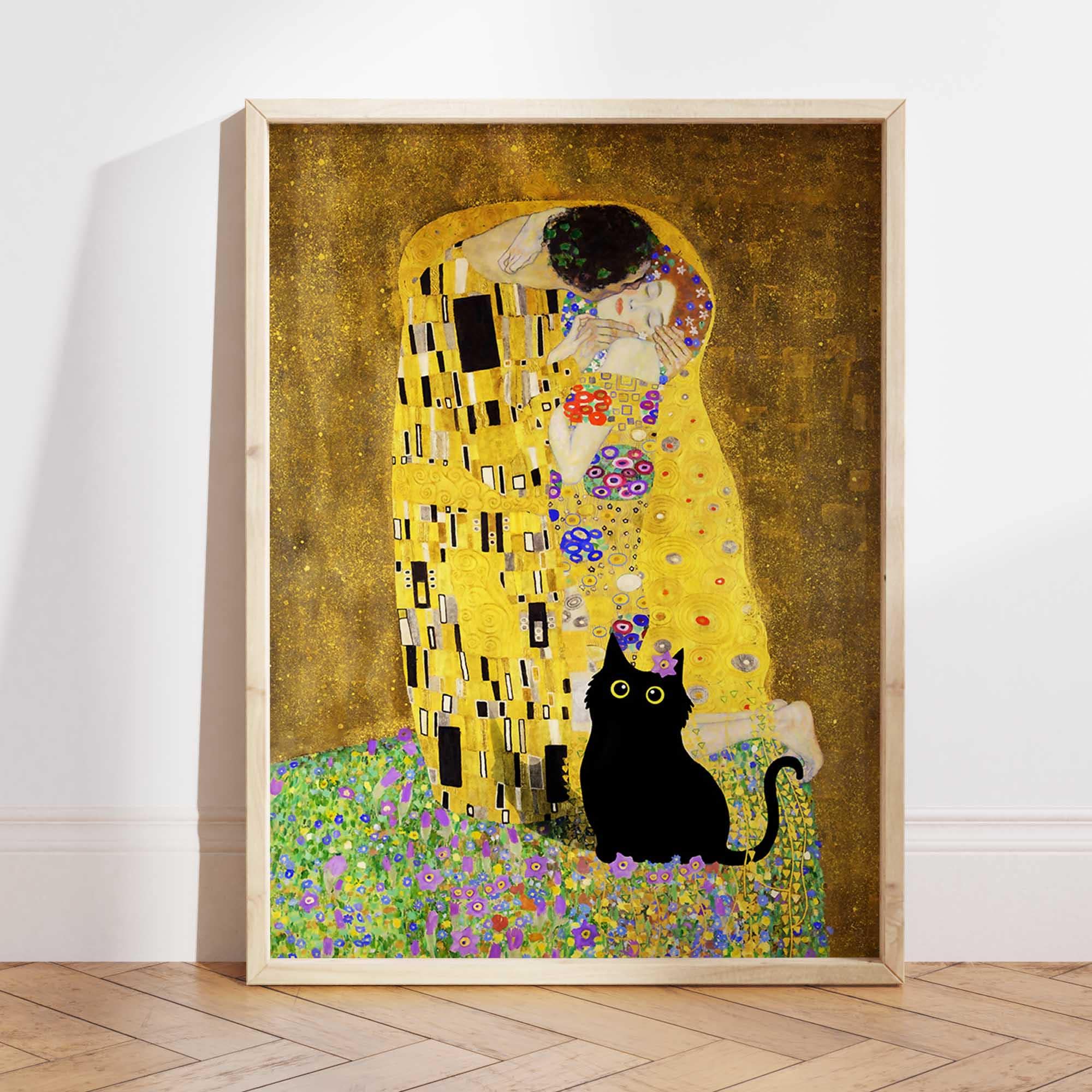 Black Cat Print, Gustav Klimt the Kiss Cat Poster, Cat Art, Klimt