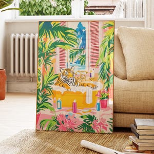 Affiche tigre dans la baignoire, décoration dopamine, impression Matisse, art mural de salle de bain tropical maximaliste, impression d&#39;art plage rose, idée cadeau tigre PS0736