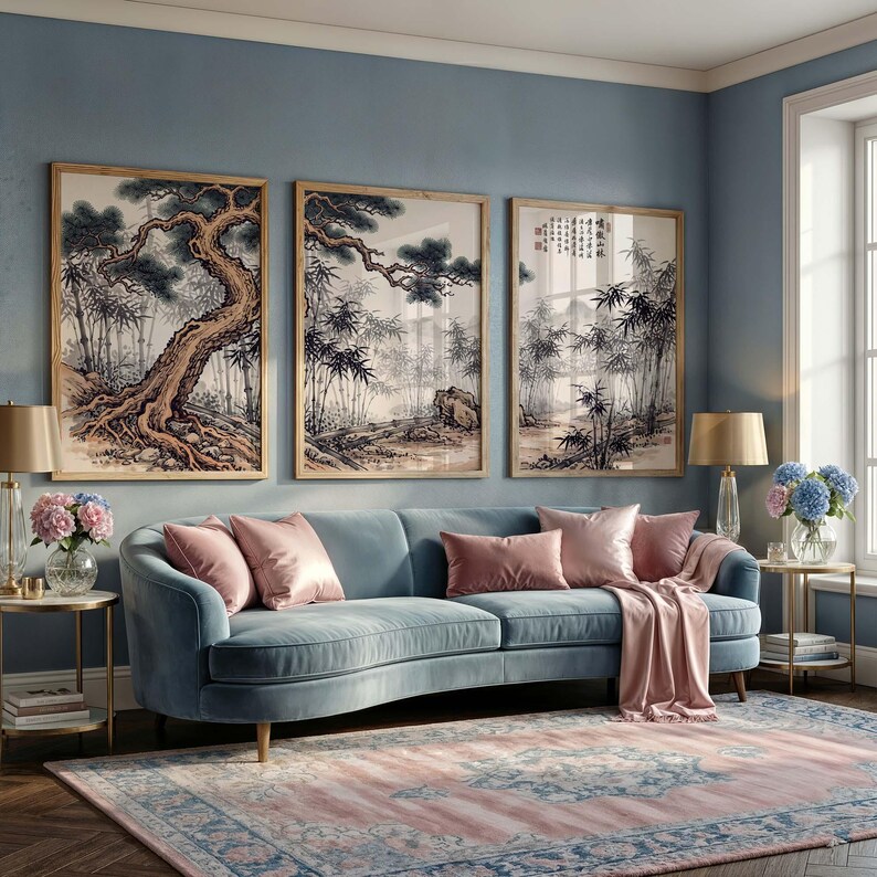 Japanese Wall Art Set of 3, Zen Bamboo Forest Prints, Vintage Sumi-e ...