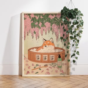 Stampa da bagno in stile giapponese con volpe in un bagno, poster vintage giapponese, poster con volpe divertente, arte murale estetica Japandi, regalo per gli amanti della volpe PS0671