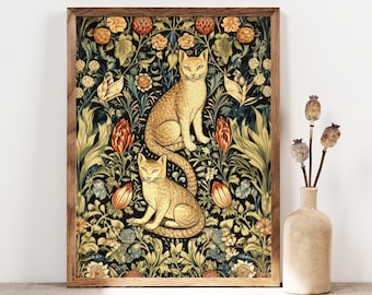 William Morris Inspired Poster, Cats and Flowers Print, Morris Art, Art Nouveau Floral Print, Botanical Vintage Art Nouveau Poster PS0394