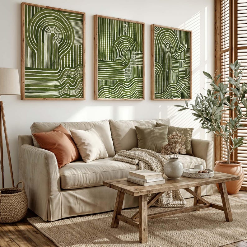 Abstract Green Wall Art Set of 3, Mid Century Modern Line Print Trio ...