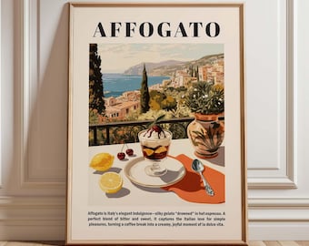 Póster de cocina Affogato, arte mural de postres italianos, lámina de helado de café, decoración de cafetería de la Costa Amalfitana, obra de arte gastronómica de la Dolce Vita.