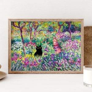 Impression de chat de jardin d'iris de Monet, affiche de chat noir de fleurs de Claude Monet, art de chat, impression florale, impression de chat drôle, cadeau drôle, décoration à la maison PS0349