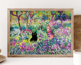 Monet Iris Gartenkatzendruck, Claude Monet Blumen Schwarze Katze Poster, Katzenbild, Blumendruck, Lustiger Katzendruck, Lustiges Geschenk, Wohnkultur PS0349