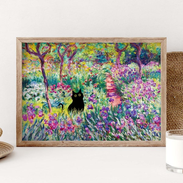 Monet Irises Garden Cat Print, Claude Monet Flowers Black Cat Poster, Cat Art, Floral Print, Funny Cat print, Regalo divertido, Decoración del hogar PS0349