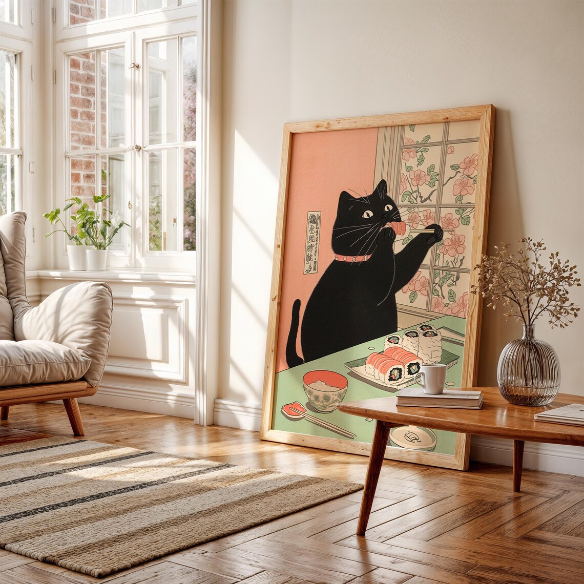 Japanese Black Cat Eating Sushi Art Print, Japan Wall Decor, Neutral ...