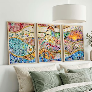 Colorful Mosaic Wall Art Set of 3, Gaudi Abstract Mediterranean Tile Prints, Boho Maximalist Gallery Wall, Above Bed Decor